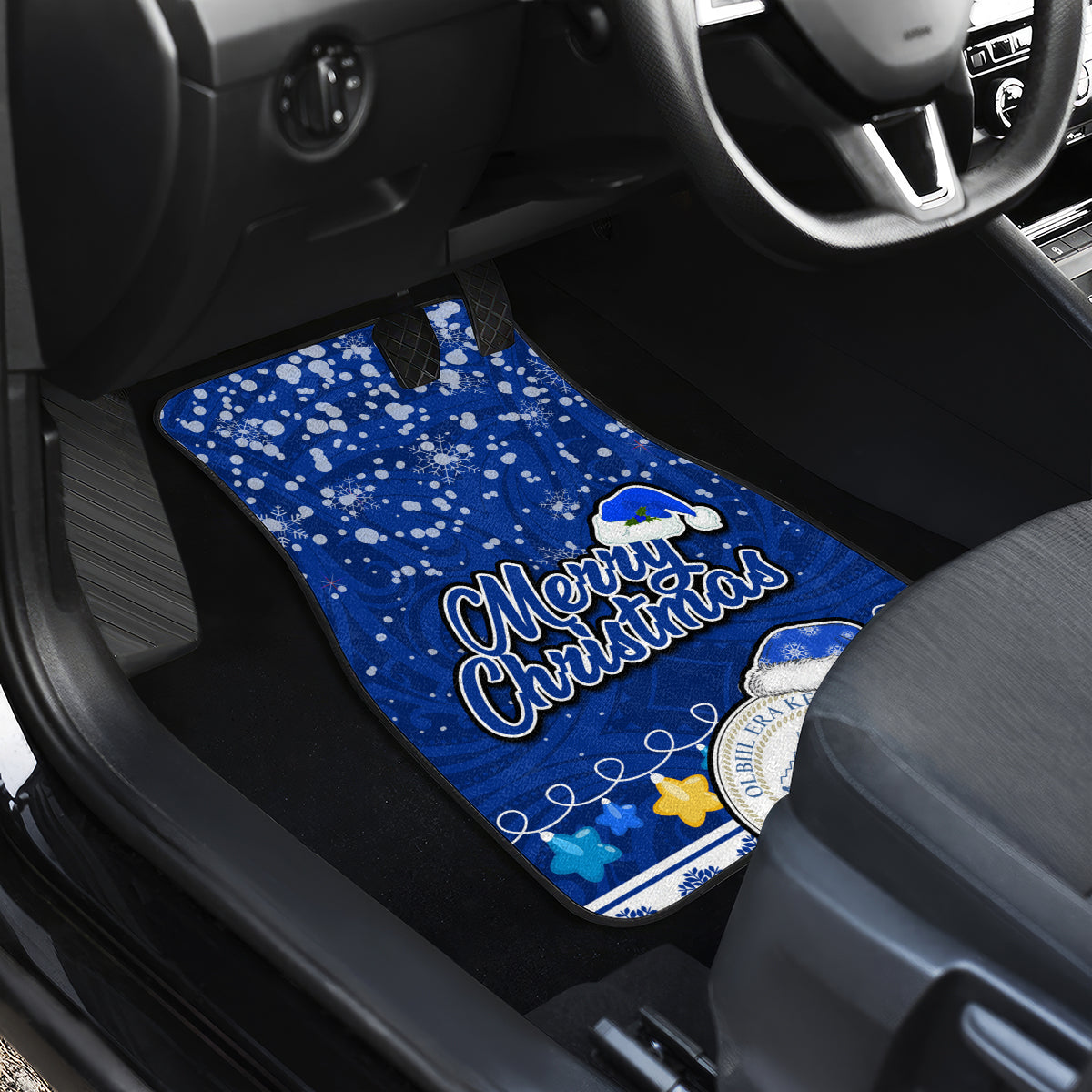 Palau Christmas Car Mats Snowman Hugs Palau Coat of Arms Maori Pattern Blue Style LT03 - Polynesian Pride
