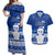 Personalised Palau Christmas Couples Matching Off Shoulder Maxi Dress and Hawaiian Shirt Snowman Hugs Palau Coat of Arms Maori Pattern Blue Style LT03 Blue - Polynesian Pride