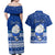 Personalised Palau Christmas Couples Matching Off Shoulder Maxi Dress and Hawaiian Shirt Snowman Hugs Palau Coat of Arms Maori Pattern Blue Style LT03 - Polynesian Pride