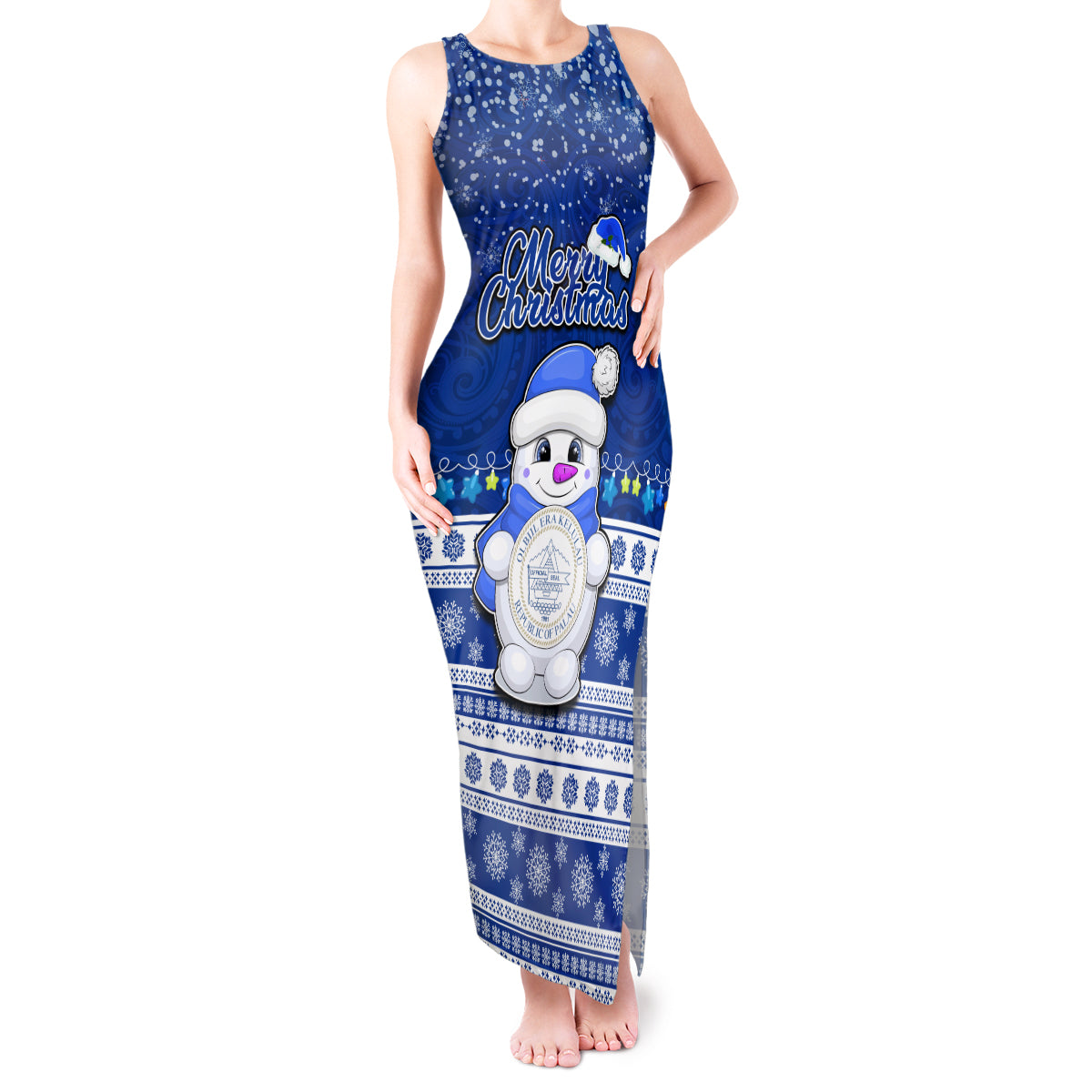 Personalised Palau Christmas Tank Maxi Dress Snowman Hugs Palau Coat of Arms Maori Pattern Blue Style LT03 Women Blue - Polynesian Pride