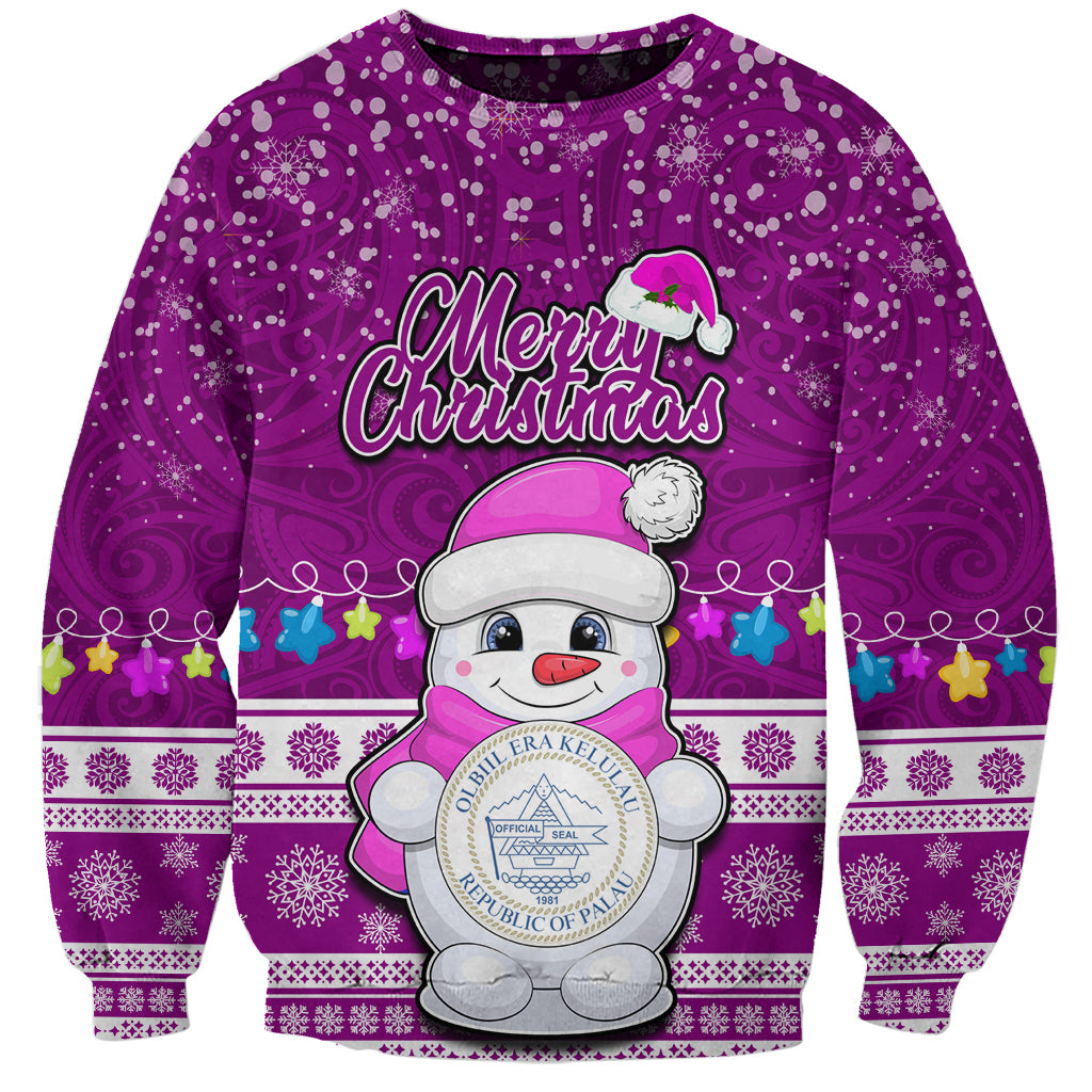 Palau Christmas Sweatshirt Snowman Hugs Palau Coat of Arms Maori Pattern Pink Style LT03 Unisex Pink - Polynesian Pride