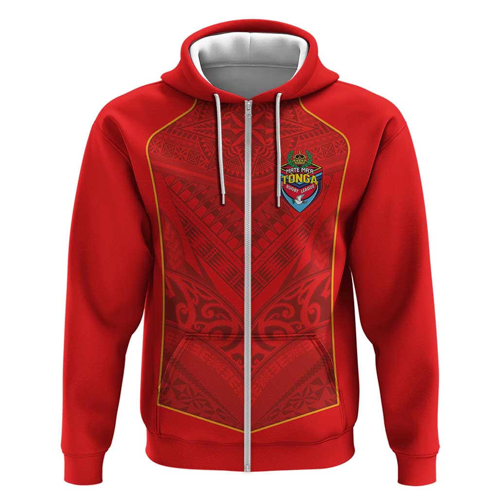Custom Mate Ma'a Tonga Rugby Hoodie Ngatu Tribal Motifs Sporty Style LT03 Zip Hoodie Red - Polynesian Pride