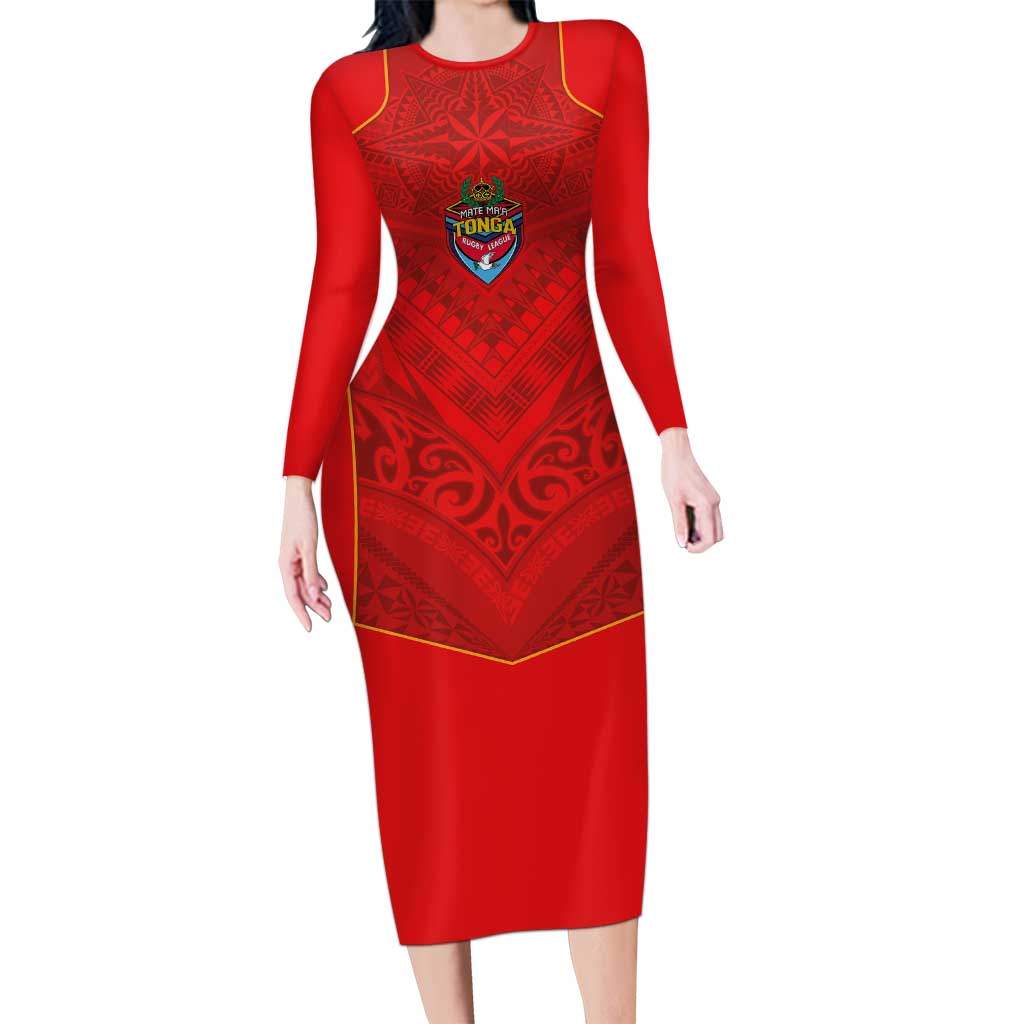 Custom Mate Ma'a Tonga Rugby Long Sleeve Bodycon Dress Ngatu Tribal Motifs Sporty Style LT03 Long Dress Red - Polynesian Pride