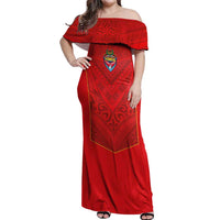 Custom Mate Ma'a Tonga Rugby Off Shoulder Maxi Dress Ngatu Tribal Motifs Sporty Style LT03 Women Red - Polynesian Pride