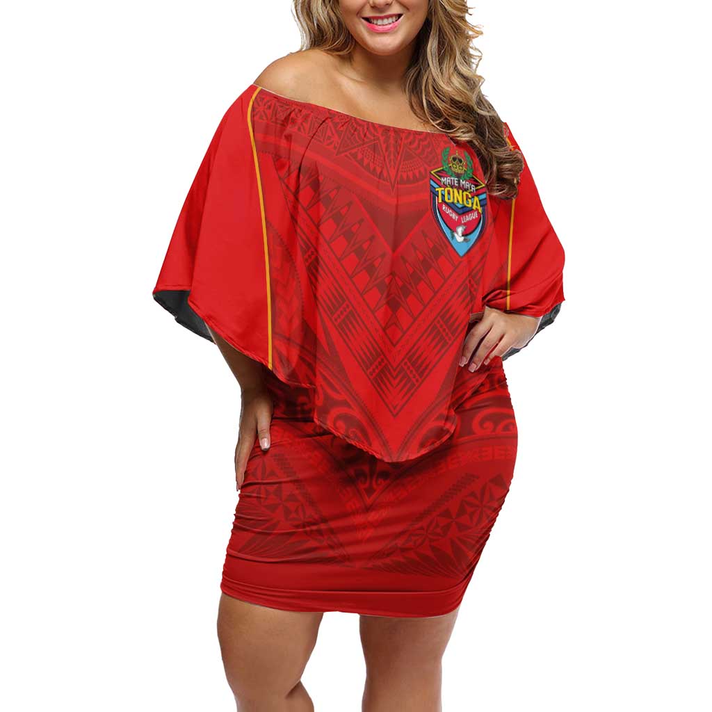 Custom Mate Ma'a Tonga Rugby Off Shoulder Short Dress Ngatu Tribal Motifs Sporty Style LT03 Women Red - Polynesian Pride