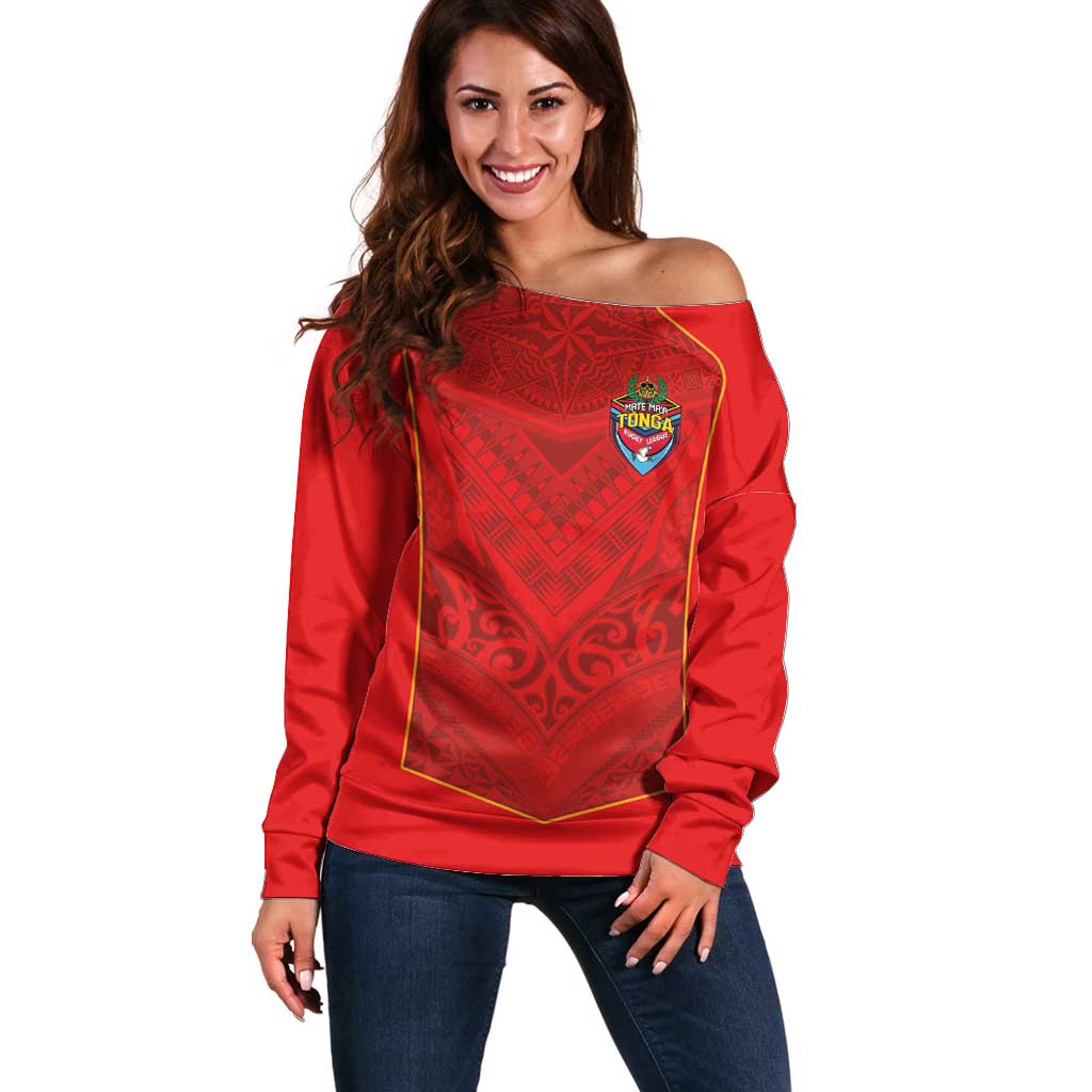 Custom Mate Ma'a Tonga Rugby Off Shoulder Sweater Ngatu Tribal Motifs Sporty Style LT03 Women Red - Polynesian Pride