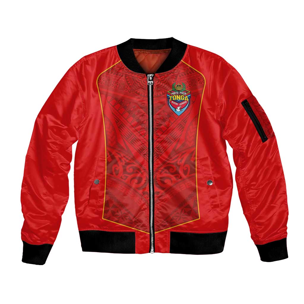 Custom Mate Ma'a Tonga Rugby Sleeve Zip Bomber Jacket Ngatu Tribal Motifs Sporty Style LT03 Unisex Red - Polynesian Pride