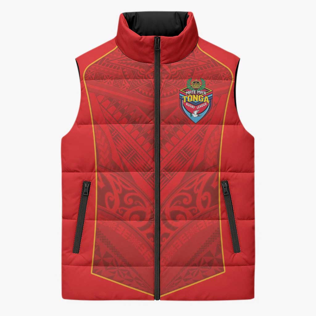 Custom Mate Ma'a Tonga Rugby Sleeveless Puffer Jacket Ngatu Tribal Motifs Sporty Style LT03 Unisex Red - Polynesian Pride