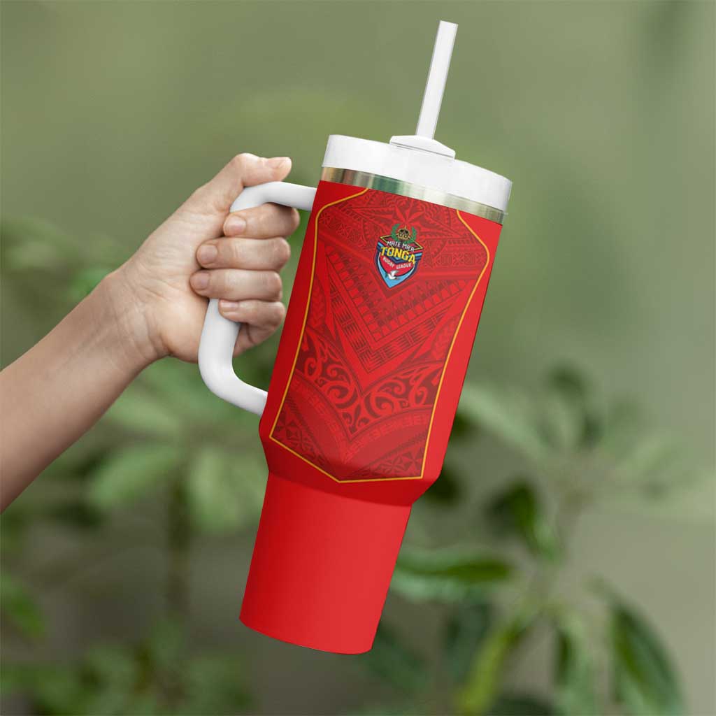 Custom Mate Ma'a Tonga Rugby Tumbler With Handle Ngatu Tribal Motifs Sporty Style LT03 - Polynesian Pride