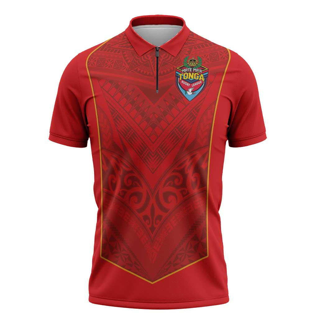 Custom Mate Ma'a Tonga Rugby Zipper Polo Shirt Ngatu Tribal Motifs Sporty Style LT03 Red - Polynesian Pride