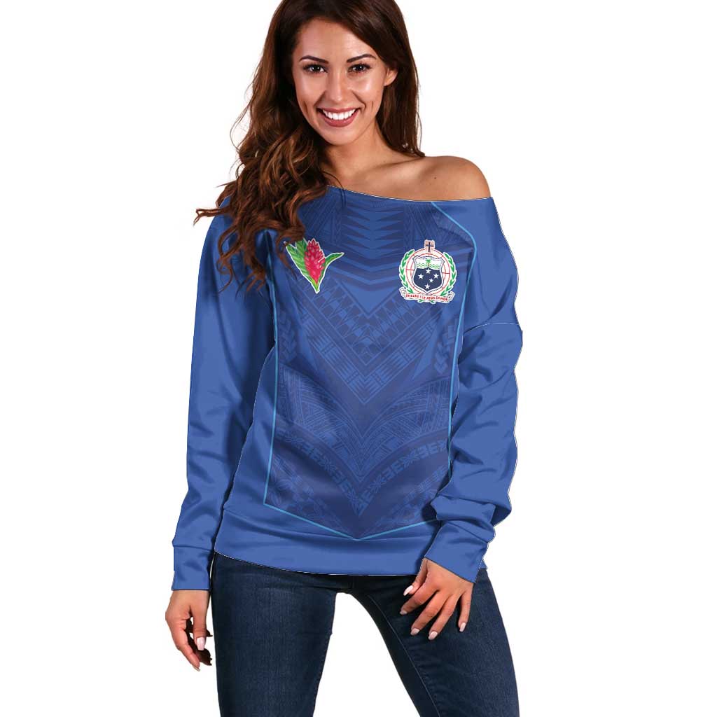 Custom Samoa Rugby Off Shoulder Sweater Tatau Tribal Motifs Sporty Style LT03 Women Blue - Polynesian Pride