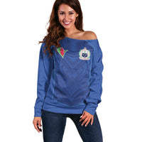 Custom Samoa Rugby Off Shoulder Sweater Tatau Tribal Motifs Sporty Style LT03 Women Blue - Polynesian Pride
