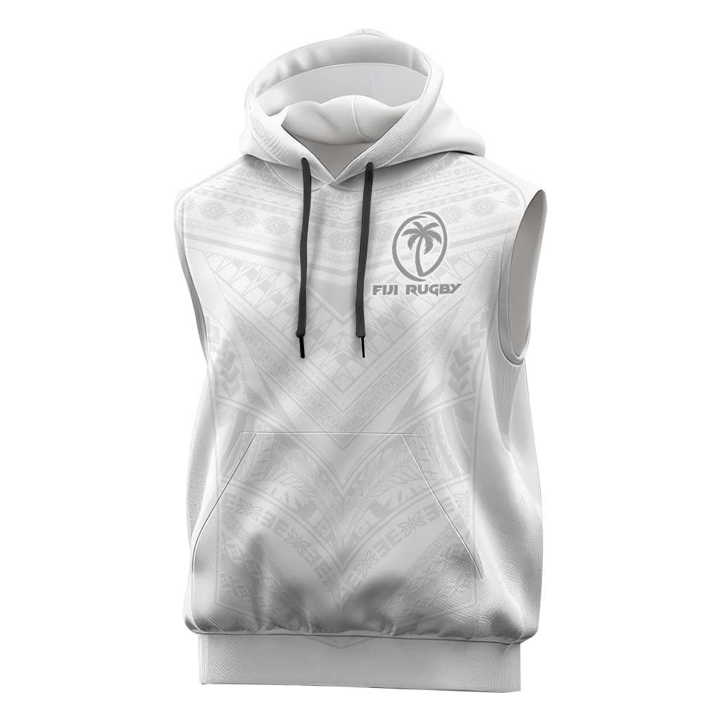Custom Fiji Rugby Sleeveless Hoodie Tapa Tribal Motifs Sporty Style LT03 White - Polynesian Pride