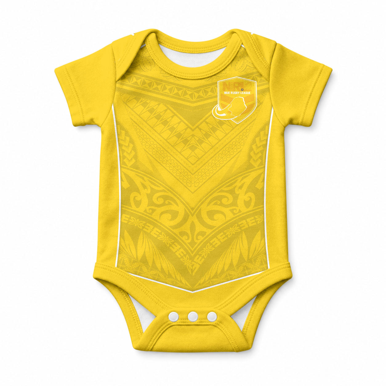 Custom Niue Rugby Baby Onesie Hiapo Tribal Motifs Sporty Style LT03 Yellow - Polynesian Pride