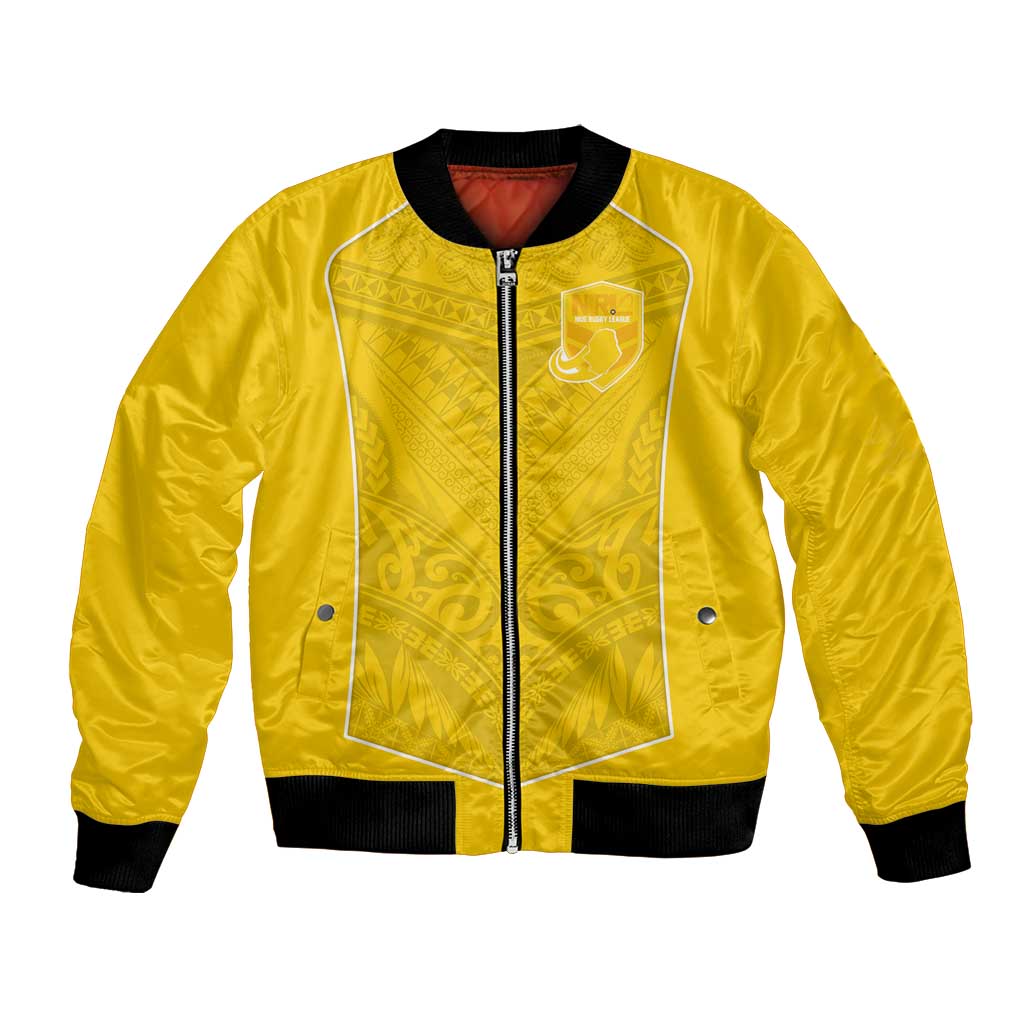 Custom Niue Rugby Bomber Jacket Hiapo Tribal Motifs Sporty Style LT03 Unisex Yellow - Polynesian Pride