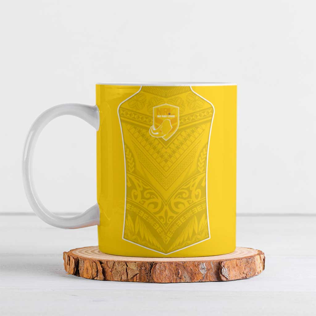 Custom Niue Rugby Ceramic Mug Hiapo Tribal Motifs Sporty Style LT03 Yellow - Polynesian Pride