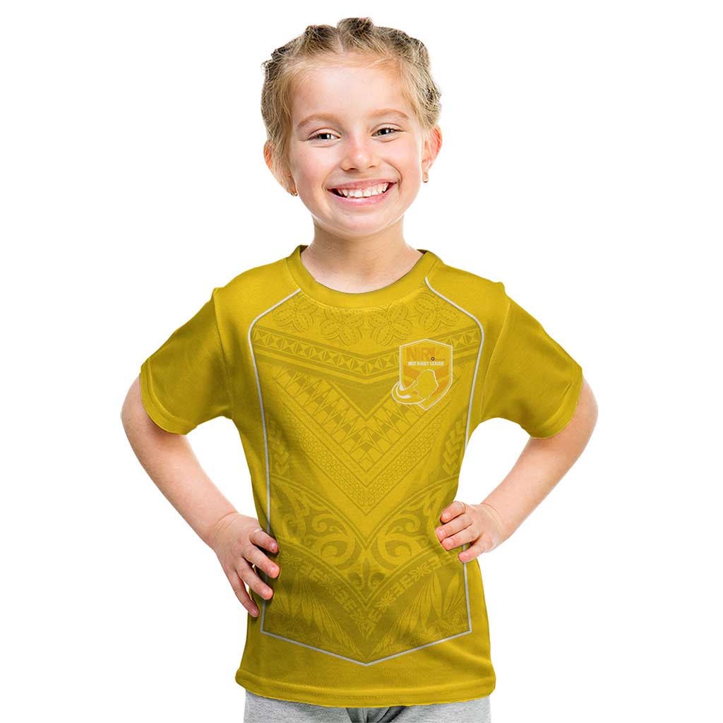 Custom Niue Rugby Kid T Shirt Hiapo Tribal Motifs Sporty Style LT03 Yellow - Polynesian Pride