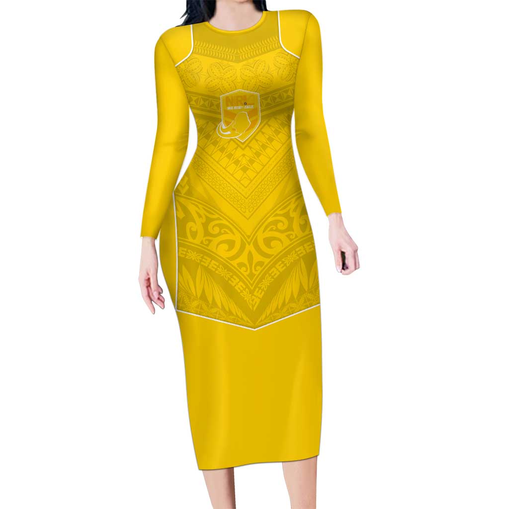 Custom Niue Rugby Long Sleeve Bodycon Dress Hiapo Tribal Motifs Sporty Style LT03 Long Dress Yellow - Polynesian Pride