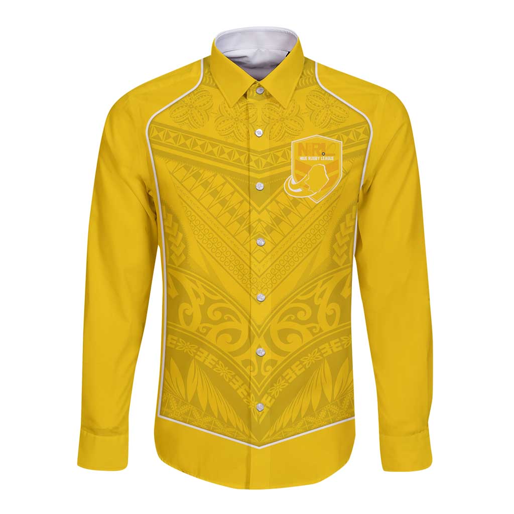 Custom Niue Rugby Long Sleeve Button Shirt Hiapo Tribal Motifs Sporty Style LT03 Unisex Yellow - Polynesian Pride