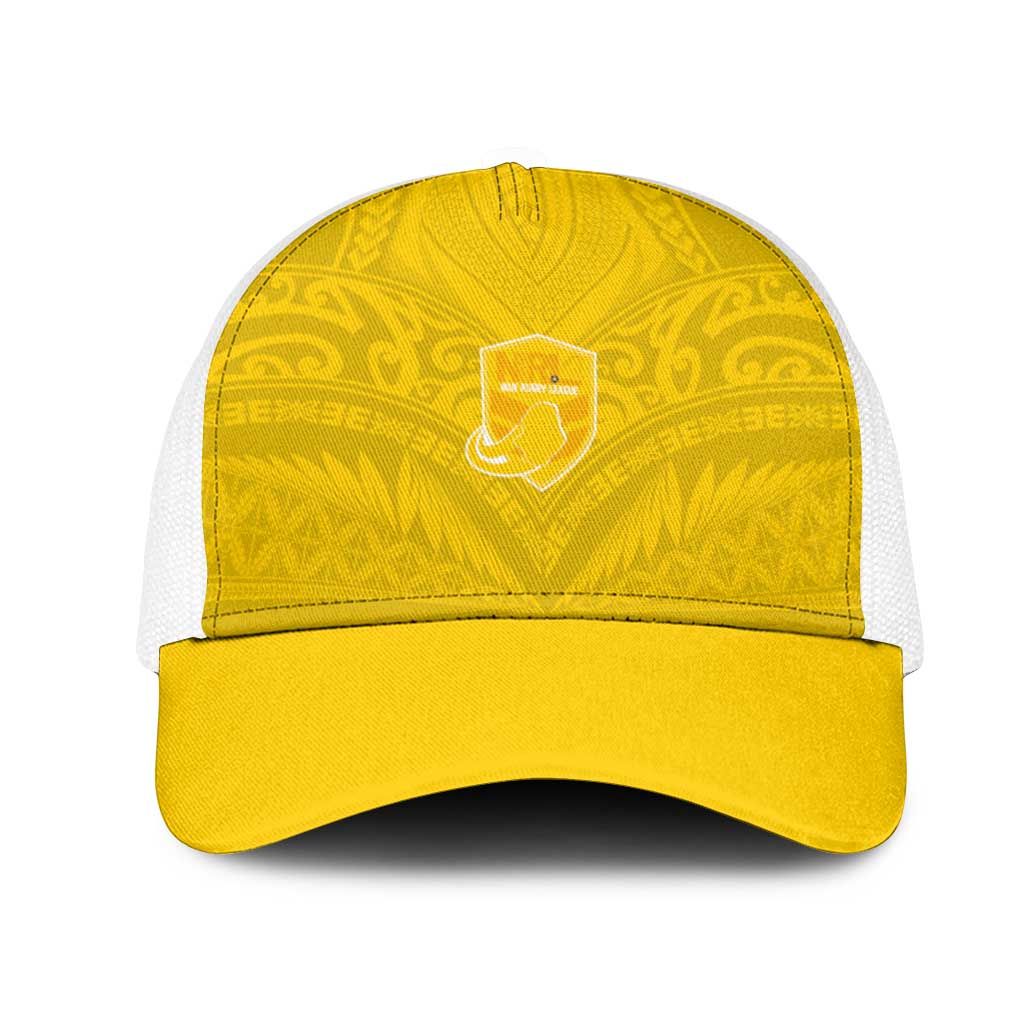 Niue Rugby Mesh Trucker Cap Hiapo Tribal Motifs Sporty Style LT03 One Size White Yellow - Polynesian Pride