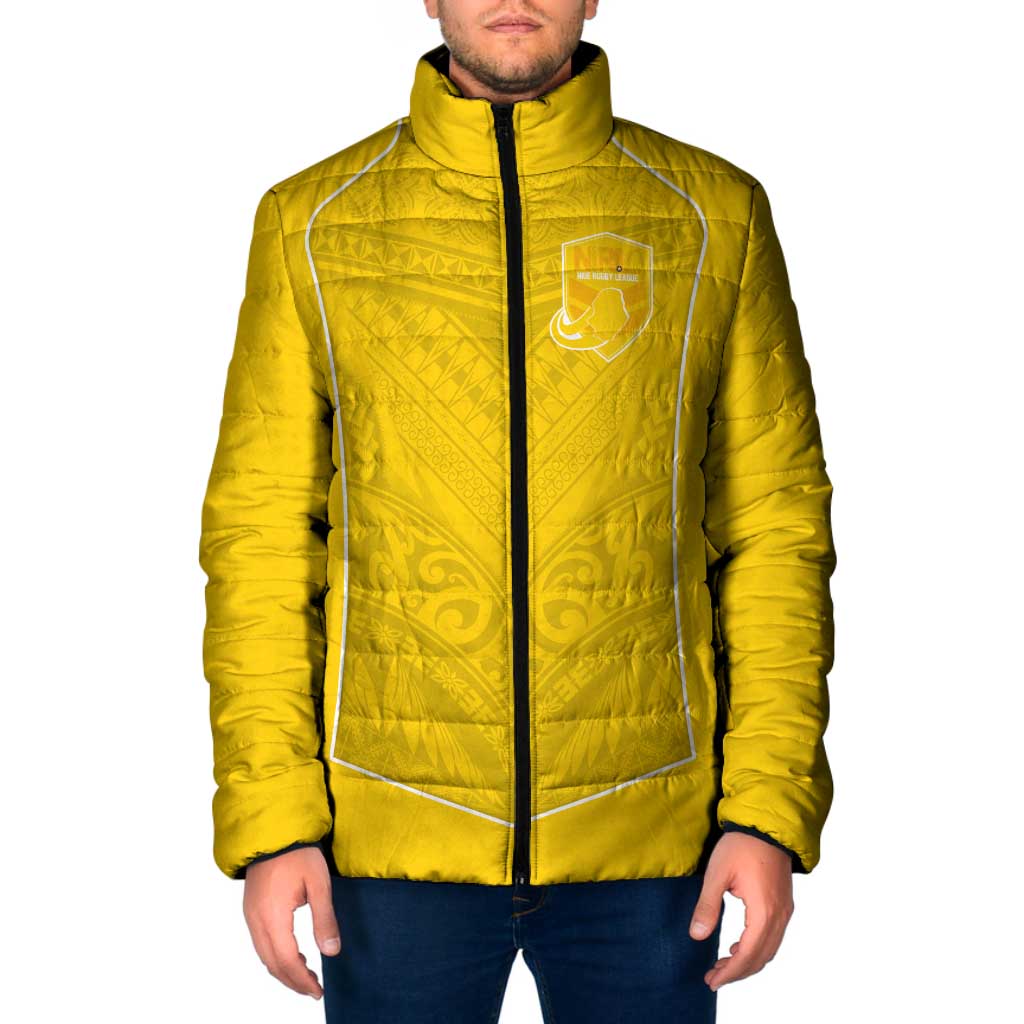 Custom Niue Rugby Padded Jacket Hiapo Tribal Motifs Sporty Style LT03 Men Yellow - Polynesian Pride