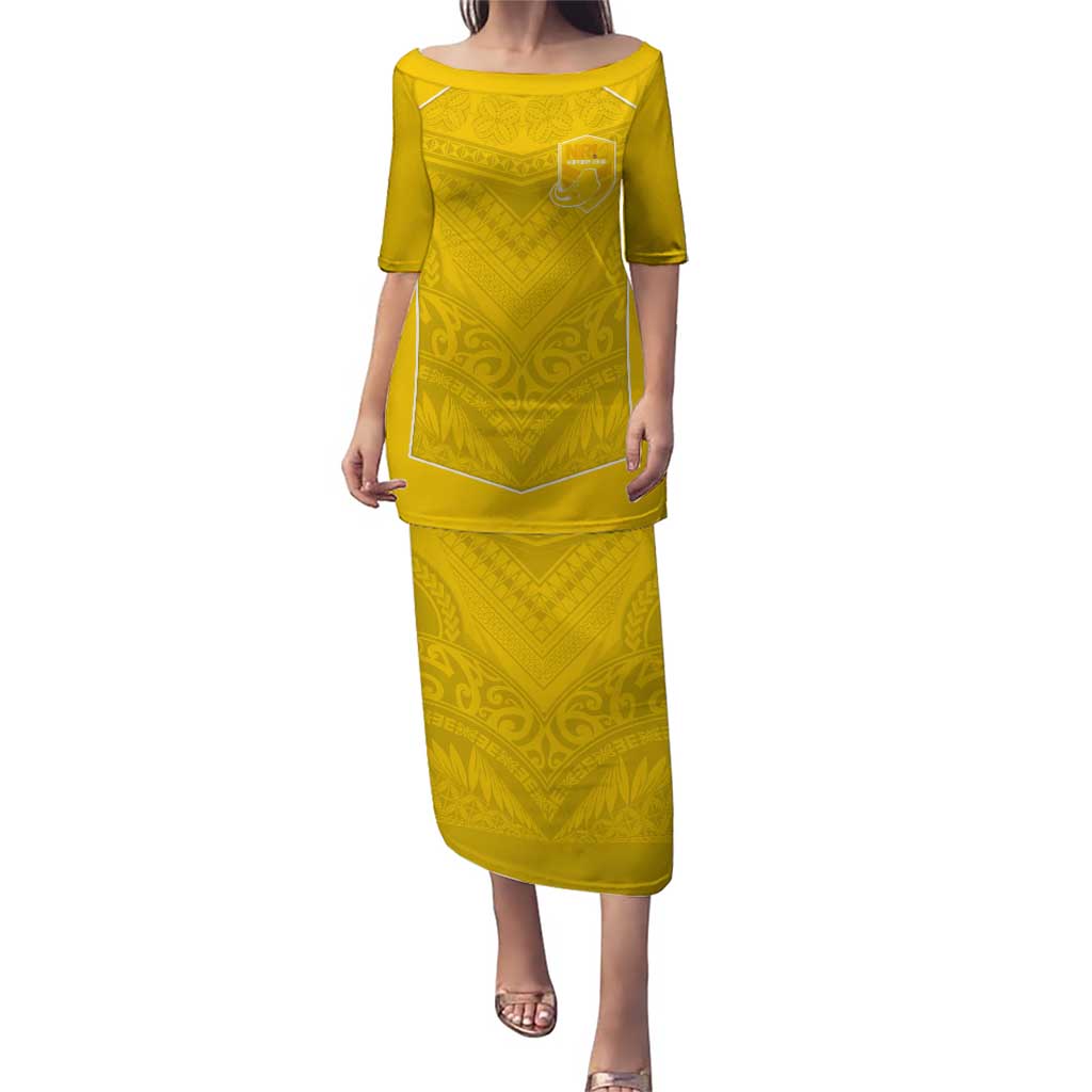 Custom Niue Rugby Puletasi Hiapo Tribal Motifs Sporty Style LT03 Long Dress Yellow - Polynesian Pride