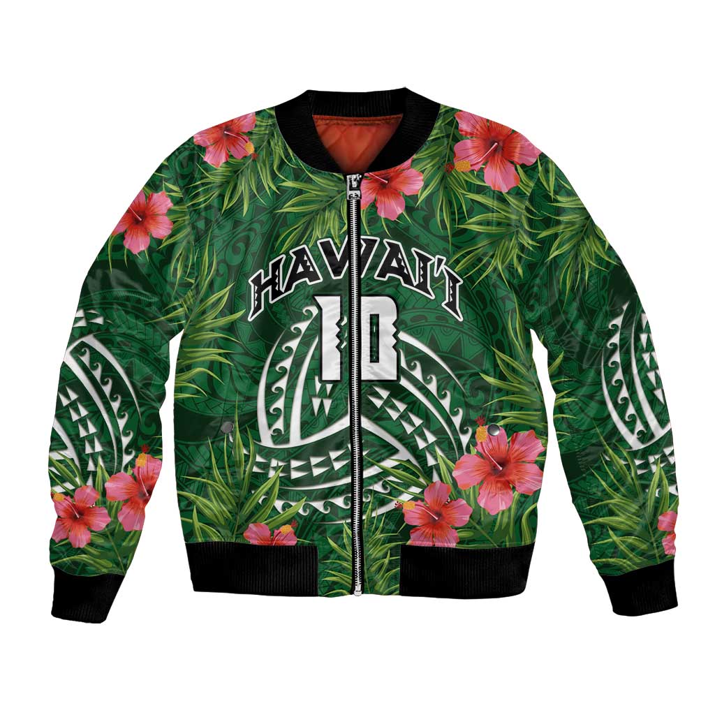 Custom Hawaii Volleyball Bomber Jacket Kakau Abstract and Tropical Plants Green Color LT03 Unisex Green - Polynesian Pride