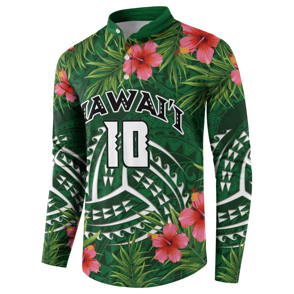 Custom Hawaii Volleyball Button Sweatshirt Kakau Abstract and Tropical Plants Green Color LT03 - Polynesian Pride