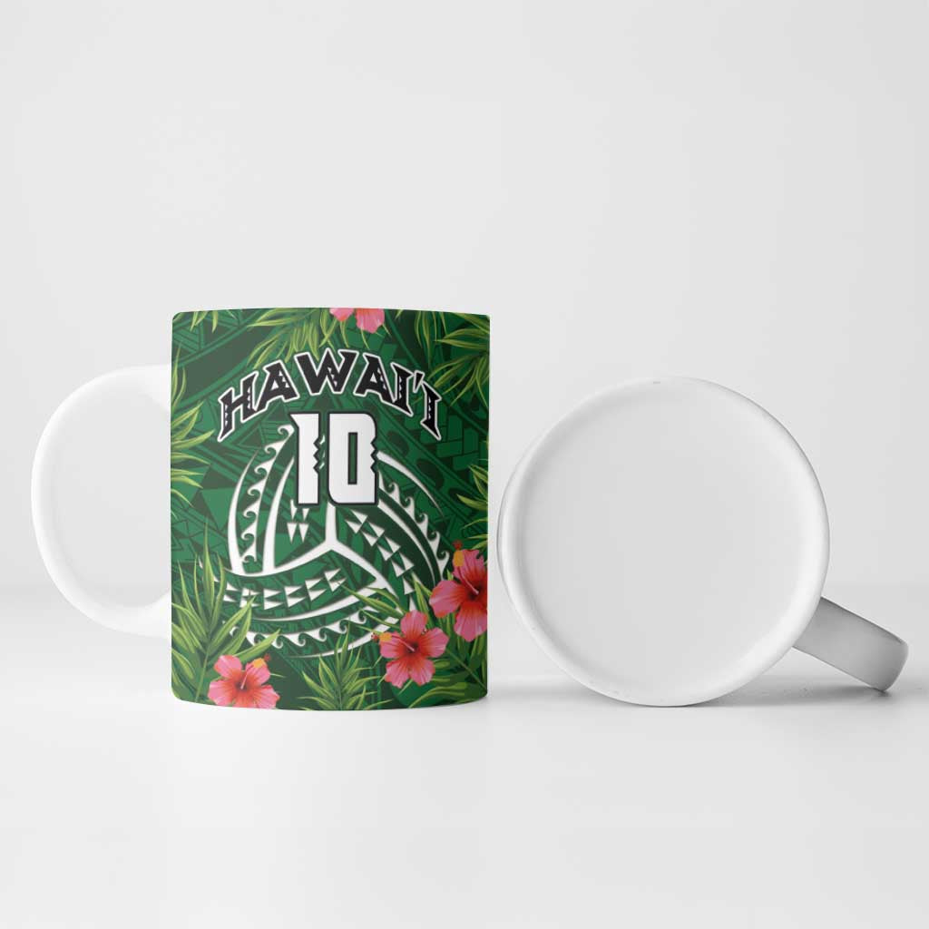 Custom Hawaii Volleyball Ceramic Mug Kakau Abstract and Tropical Plants Green Color LT03 - Polynesian Pride