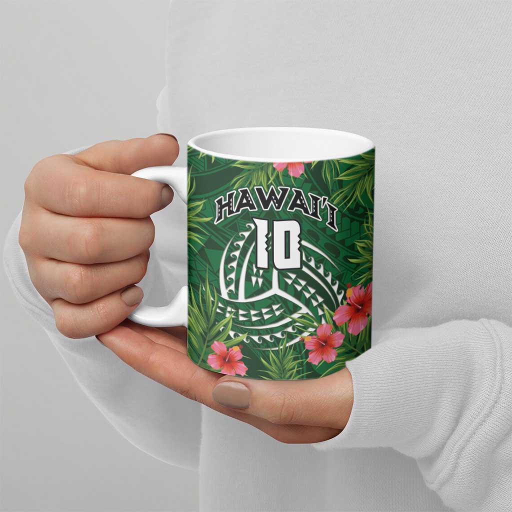 Custom Hawaii Volleyball Ceramic Mug Kakau Abstract and Tropical Plants Green Color LT03 - Polynesian Pride