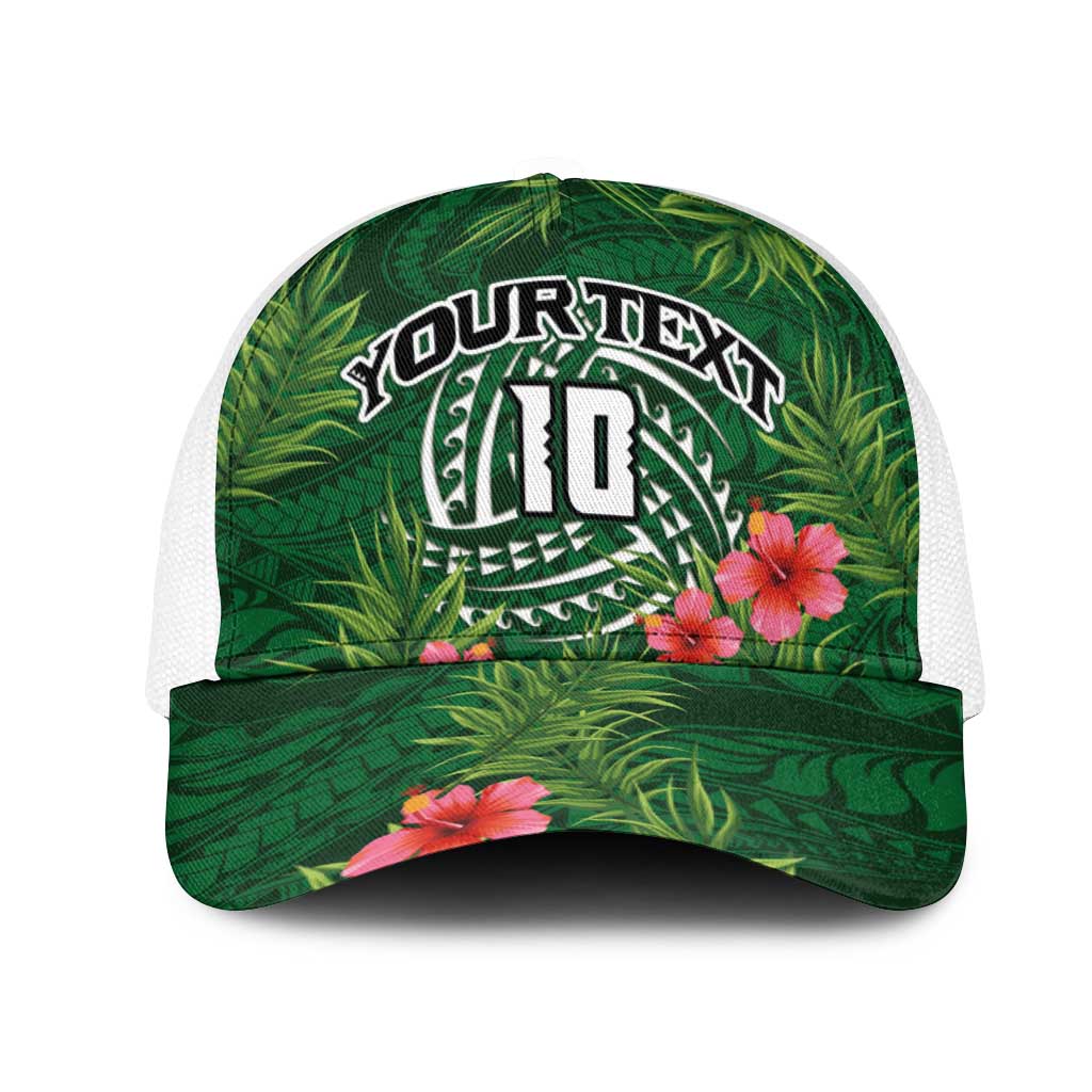 Custom Hawaii Volleyball Mesh Trucker Cap Kakau Abstract and Tropical Plants Green Color LT03 One Size White Green - Polynesian Pride