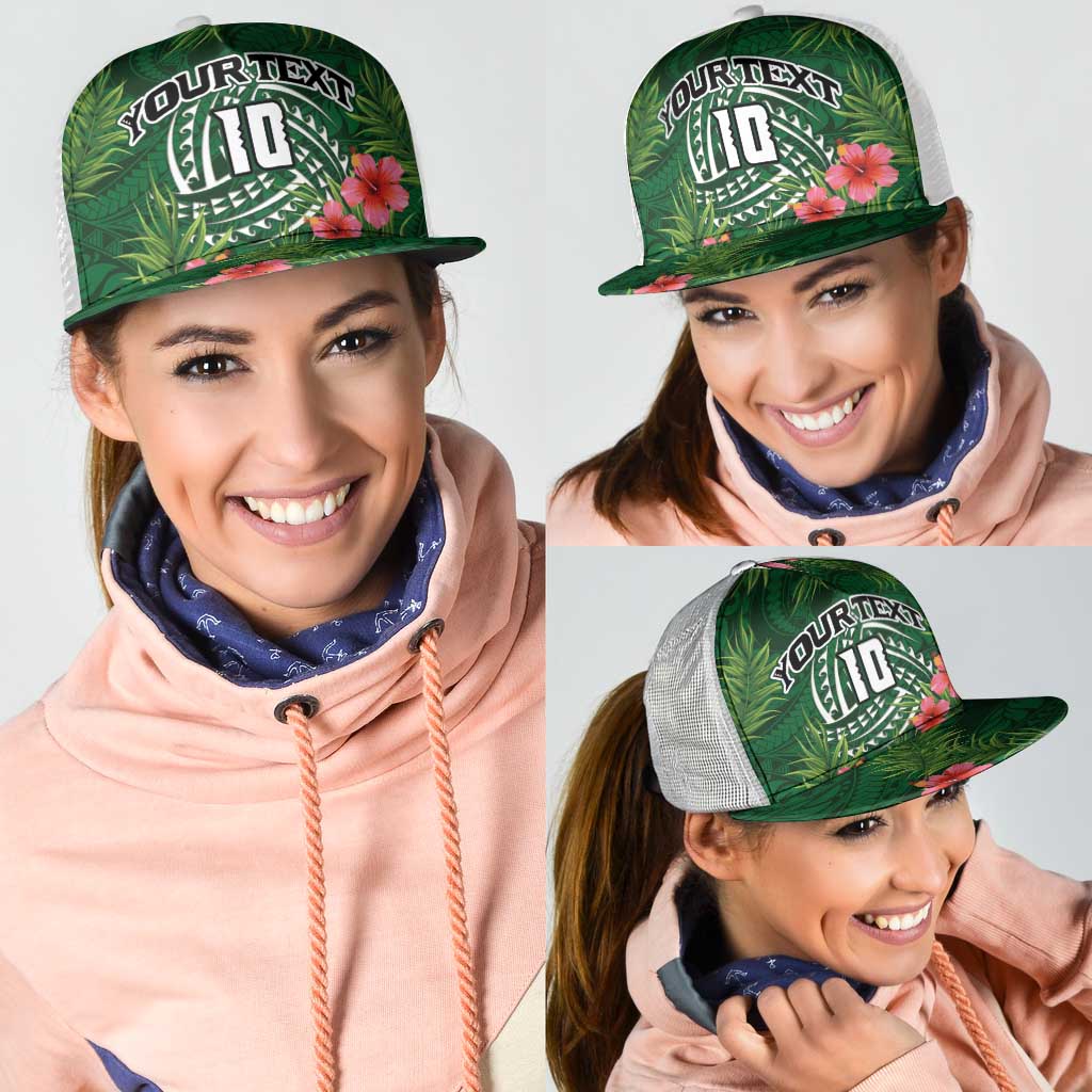 Custom Hawaii Volleyball Mesh Trucker Cap Kakau Abstract and Tropical Plants Green Color LT03 - Polynesian Pride