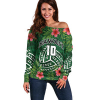 Custom Hawaii Volleyball Off Shoulder Sweater Kakau Abstract and Tropical Plants Green Color LT03 Women Green - Polynesian Pride