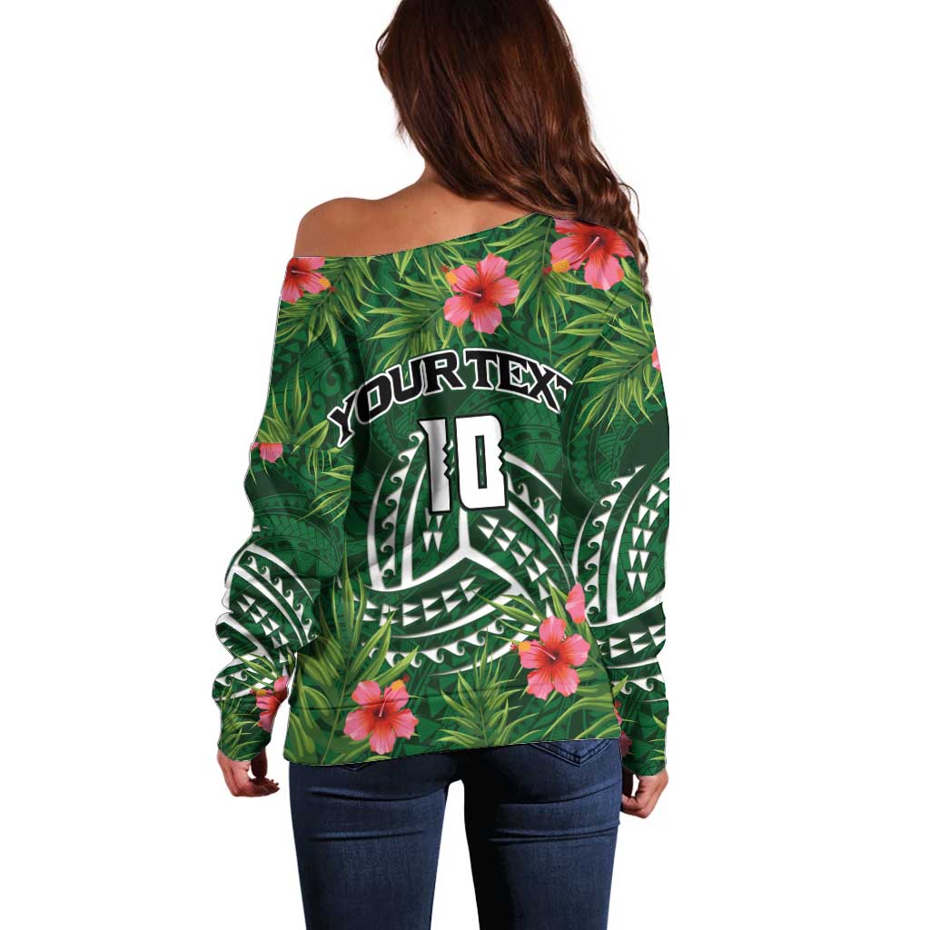 Custom Hawaii Volleyball Off Shoulder Sweater Kakau Abstract and Tropical Plants Green Color LT03 - Polynesian Pride