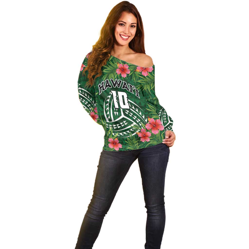 Custom Hawaii Volleyball Off Shoulder Sweater Kakau Abstract and Tropical Plants Green Color LT03 - Polynesian Pride