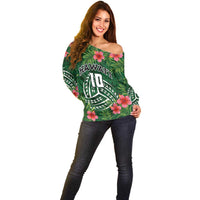 Custom Hawaii Volleyball Off Shoulder Sweater Kakau Abstract and Tropical Plants Green Color LT03 - Polynesian Pride