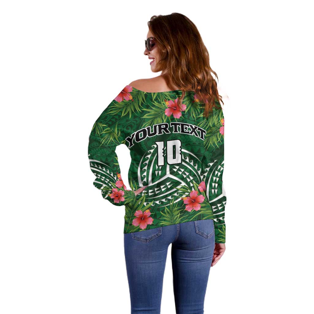 Custom Hawaii Volleyball Off Shoulder Sweater Kakau Abstract and Tropical Plants Green Color LT03 - Polynesian Pride