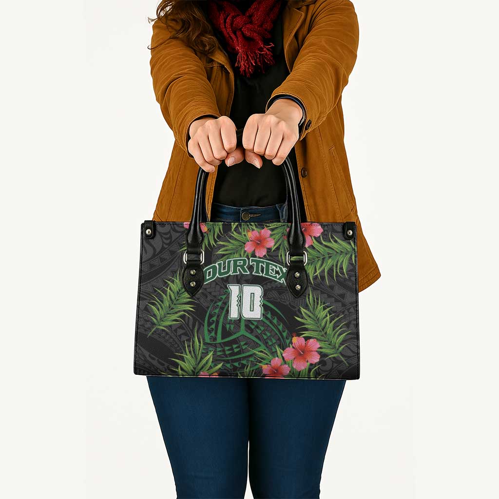 Custom Hawaii Volleyball Leather Bag Kakau Abstract and Tropical Plants Black Color LT03 - Polynesian Pride
