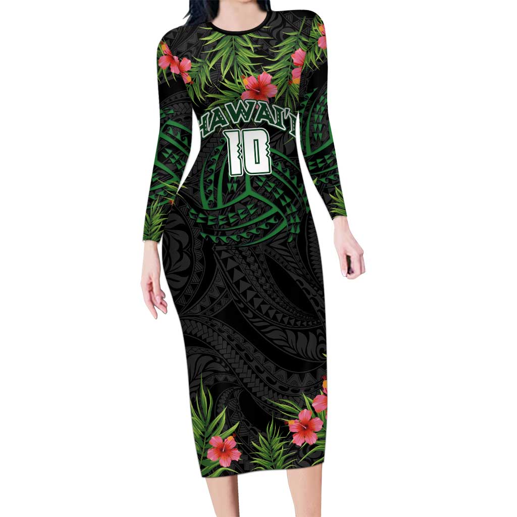 Custom Hawaii Volleyball Long Sleeve Bodycon Dress Kakau Abstract and Tropical Plants Black Color LT03 Long Dress Black - Polynesian Pride