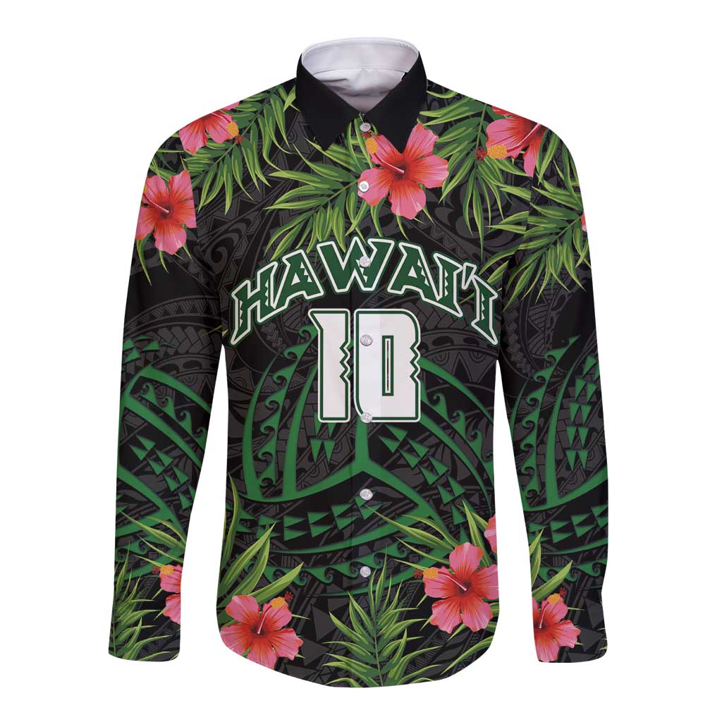 Custom Hawaii Volleyball Long Sleeve Button Shirt Kakau Abstract and Tropical Plants Black Color LT03 Unisex Black - Polynesian Pride