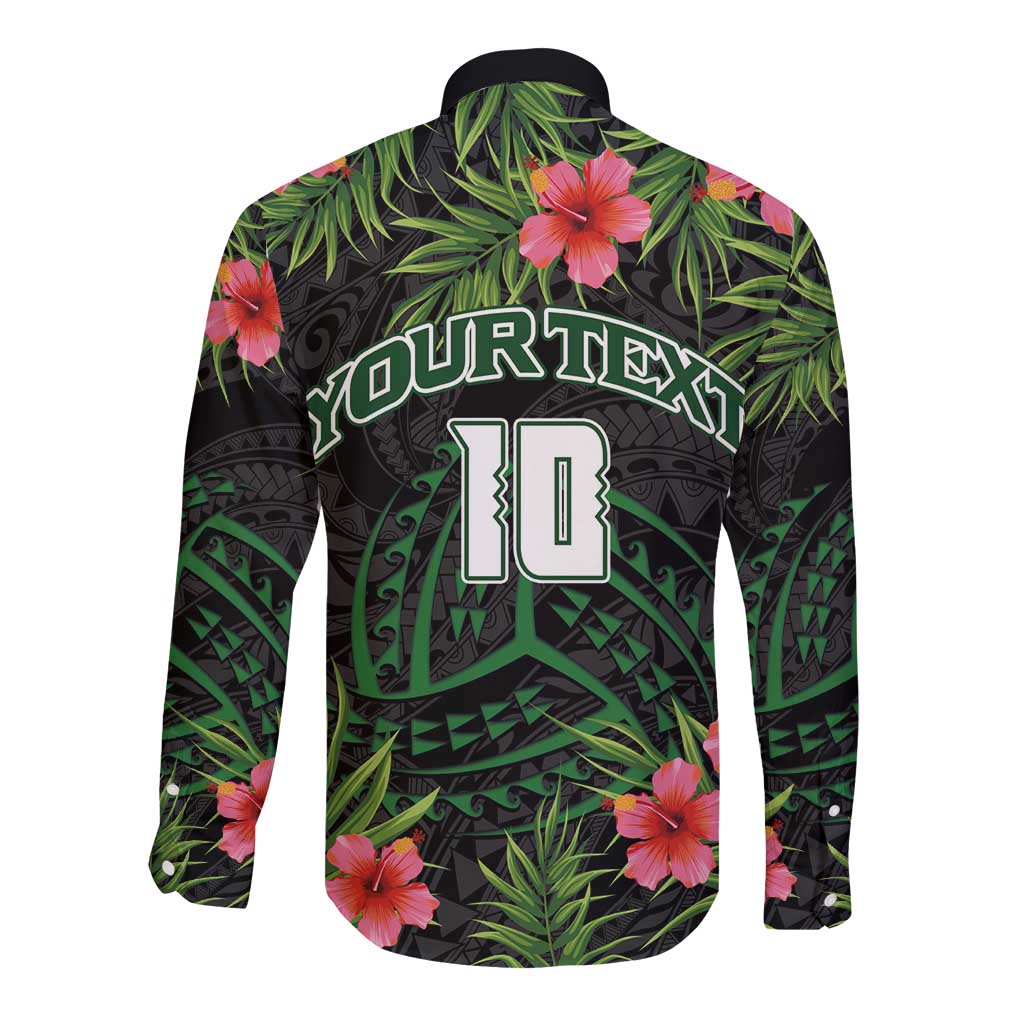 Custom Hawaii Volleyball Long Sleeve Button Shirt Kakau Abstract and Tropical Plants Black Color LT03 - Polynesian Pride