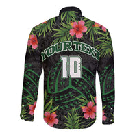 Custom Hawaii Volleyball Long Sleeve Button Shirt Kakau Abstract and Tropical Plants Black Color LT03 - Polynesian Pride