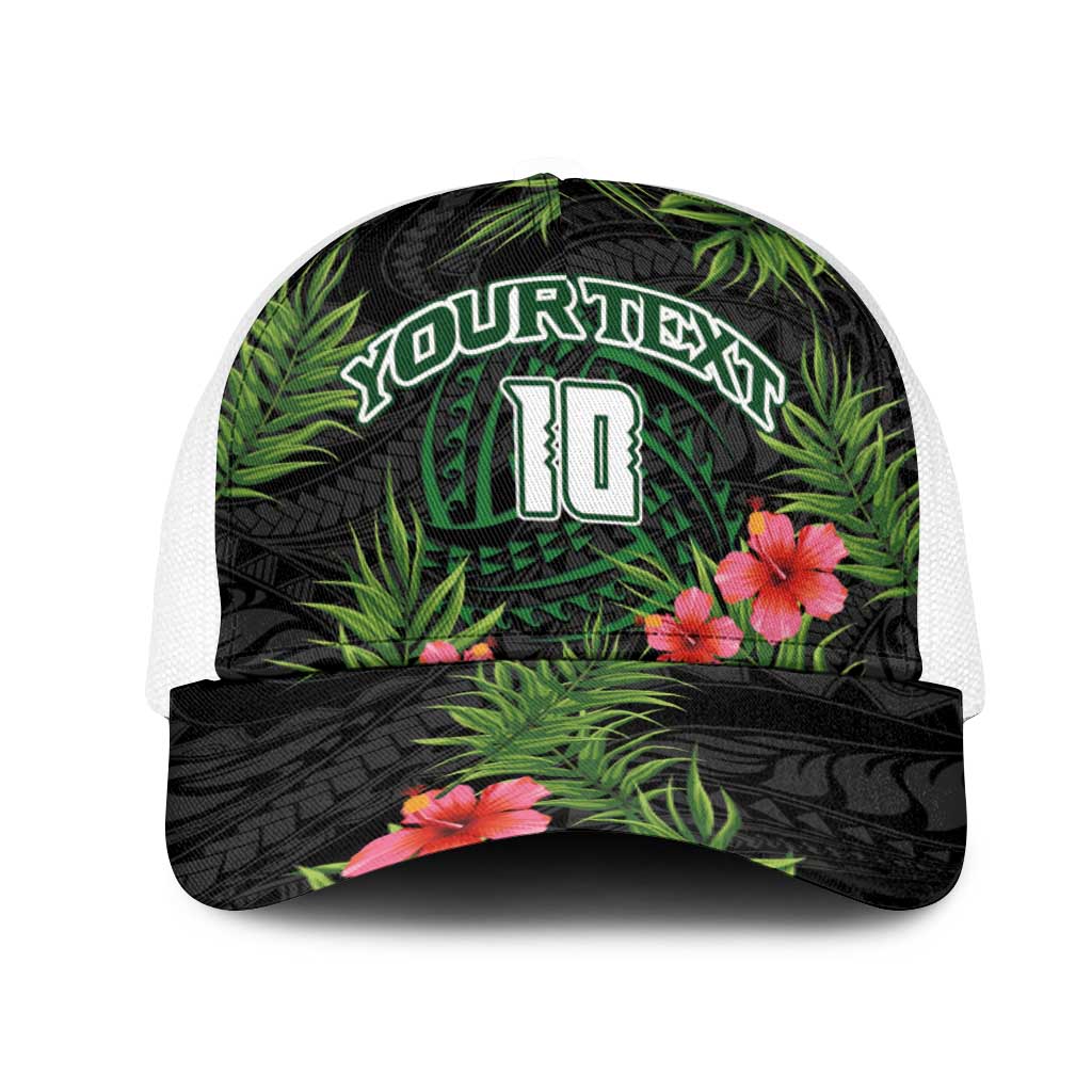 Custom Hawaii Volleyball Mesh Trucker Cap Kakau Abstract and Tropical Plants Black Color LT03 One Size White Black - Polynesian Pride