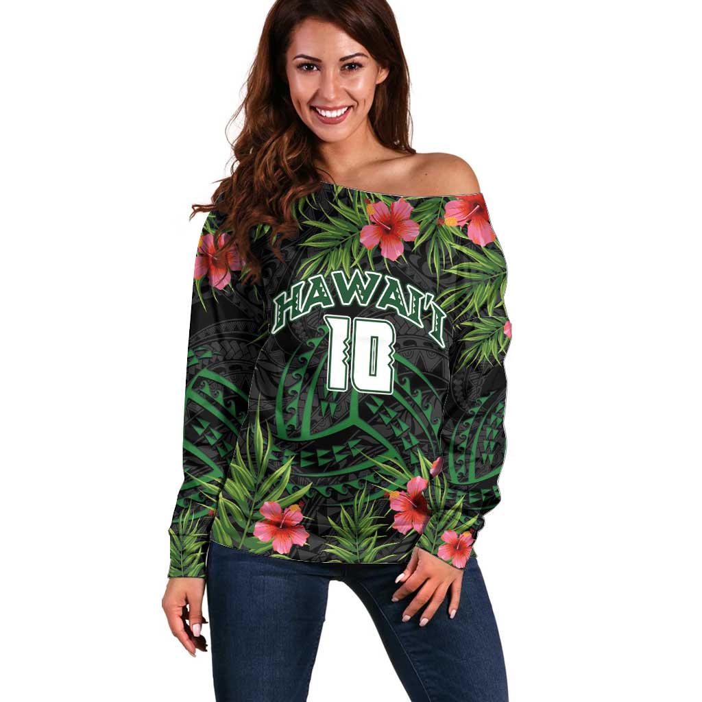 Custom Hawaii Volleyball Off Shoulder Sweater Kakau Abstract and Tropical Plants Black Color LT03 Women Black - Polynesian Pride