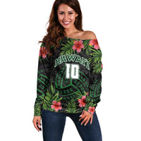 Custom Hawaii Volleyball Off Shoulder Sweater Kakau Abstract and Tropical Plants Black Color LT03 Women Black - Polynesian Pride