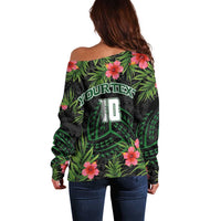 Custom Hawaii Volleyball Off Shoulder Sweater Kakau Abstract and Tropical Plants Black Color LT03 - Polynesian Pride