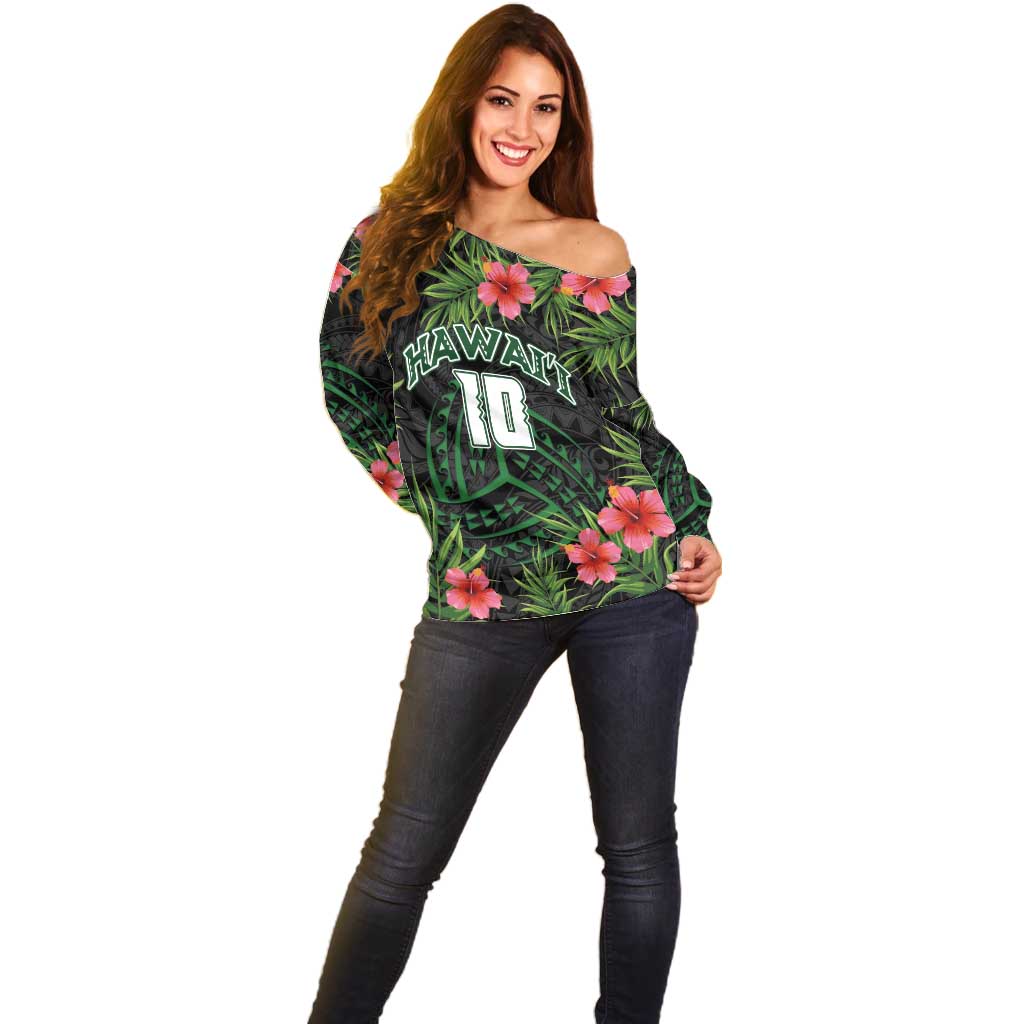 Custom Hawaii Volleyball Off Shoulder Sweater Kakau Abstract and Tropical Plants Black Color LT03 - Polynesian Pride