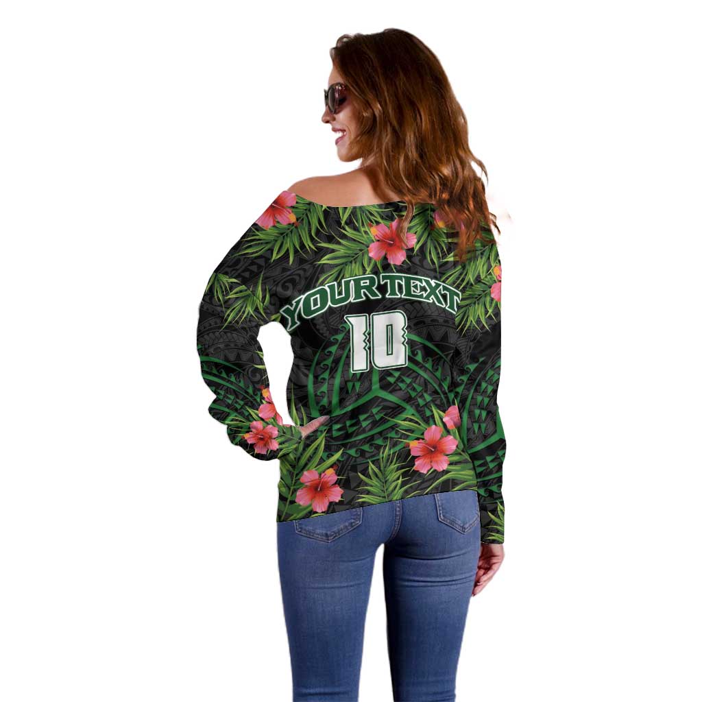 Custom Hawaii Volleyball Off Shoulder Sweater Kakau Abstract and Tropical Plants Black Color LT03 - Polynesian Pride