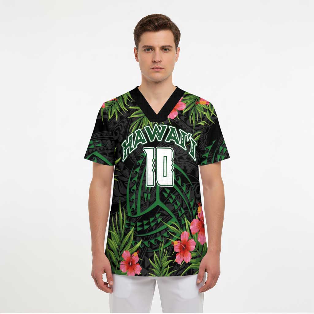 Custom Hawaii Volleyball Scrub Top Kakau Abstract and Tropical Plants Black Color LT03 - Polynesian Pride