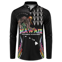 Custom Hawaii Rainbow Warriors Button Sweatshirt Kakau Shark Tooth and Polynesian Art Tattoo LT03 Black - Polynesian Pride